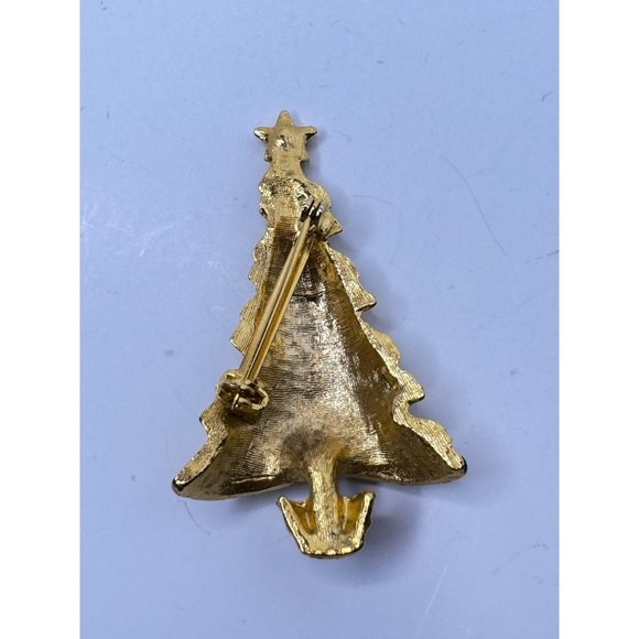Christmas Tree Brooch Pin Vintage Jewelry Gold-Colored Green Stripes Ribbon Star - Picture 5 of 5